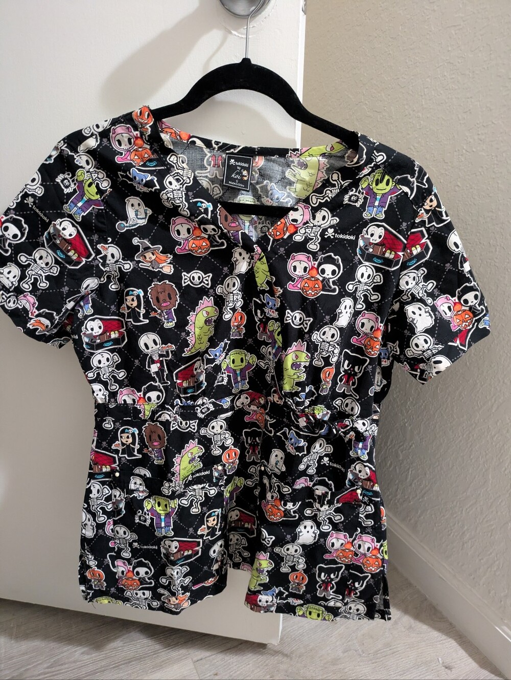 koi Black Short-Sleeve Scrub Top with Multicolor Tokidoki Character Print
